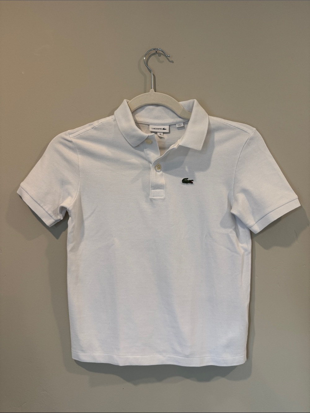 Big Boys Lacoste White Polo Shirt, Size 10